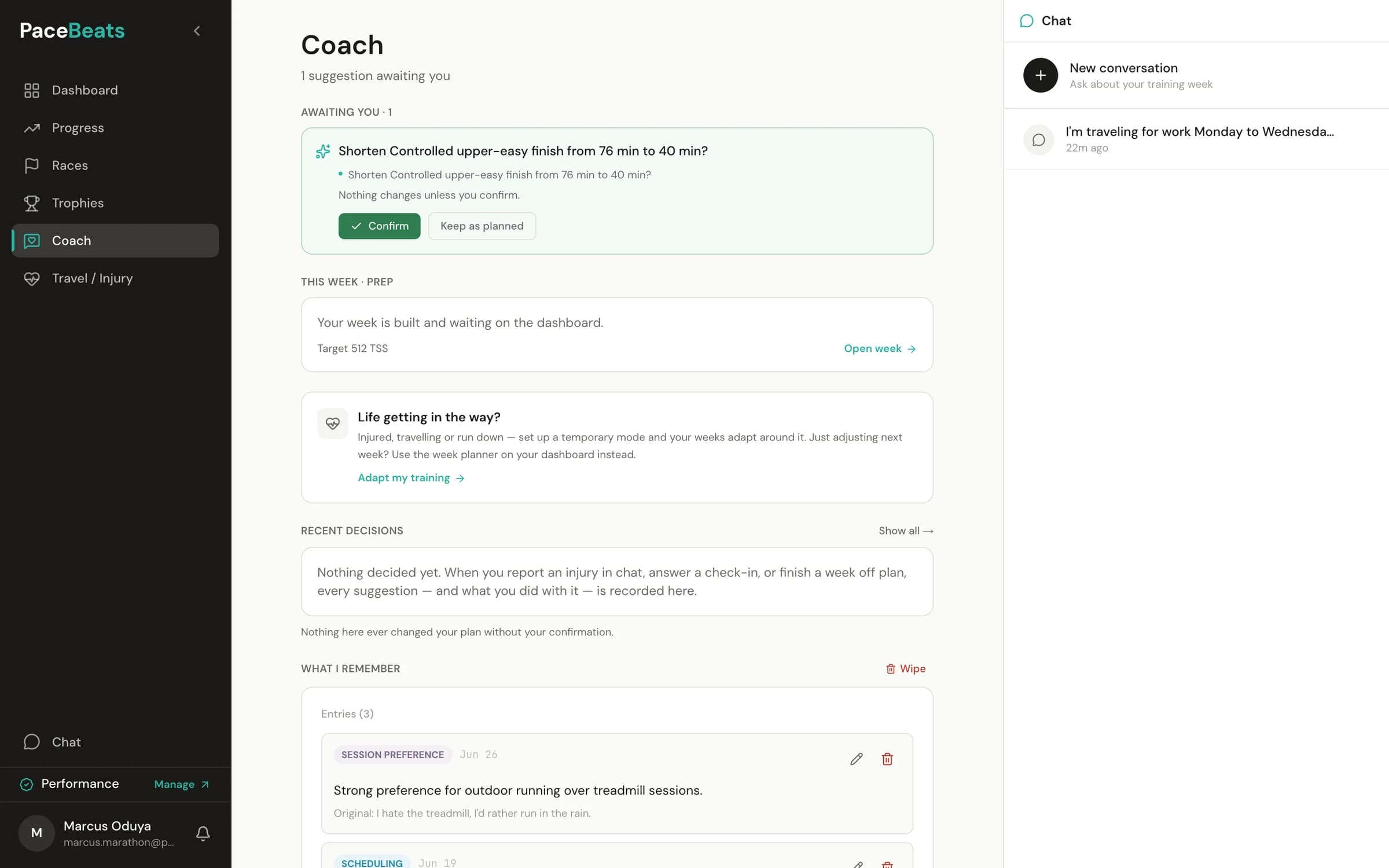 PaceBeats Coach page: a pending suggestion to shorten a session with Confirm and Keep-as-planned buttons, plus remembered athlete preferences